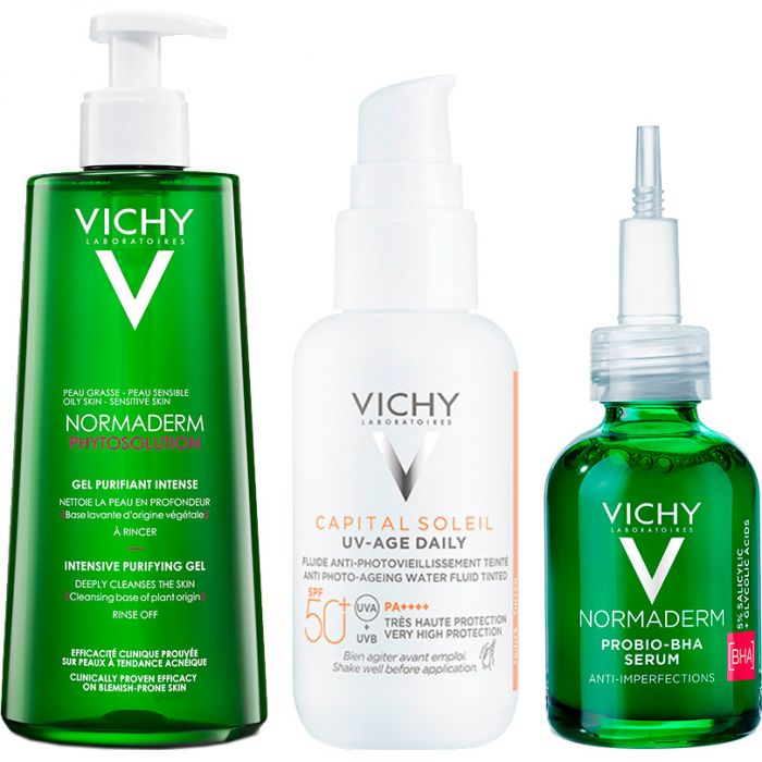 Набір Vichy (Віши) Normaderm (Гель Phytosolution для очищення жирної шкіри 400 мл+Сироватка-пілінг для корекції недоліків 30 мл+Флюїд сонцезахисний проти ознак фотостаріння SPF50+ 15 мл)