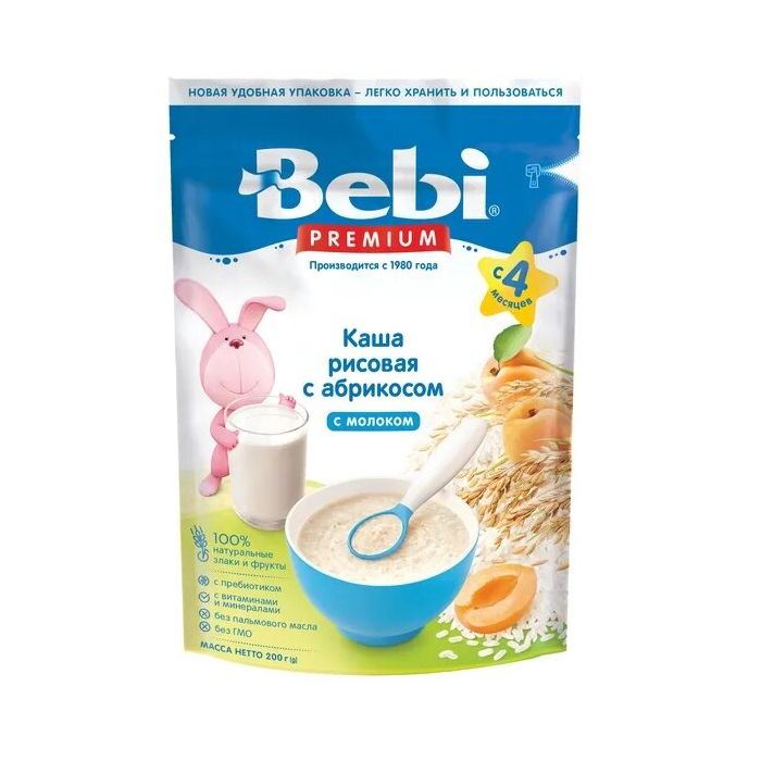 Каша Bebi Premium молочна рисова, з абрикосом з 4 місяців 200 г - фото №1 Каша Bebi Premium молочна рисова, з абрикосом з 4 місяців 200 г