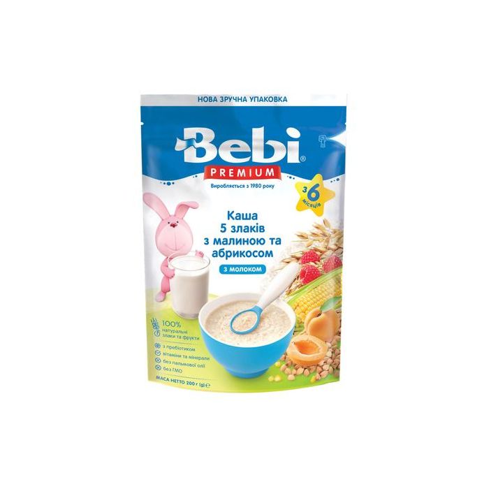 Каша Bebi Premium молочна 5 злаків, малина, абрикос, з 6 місяців 200 г
