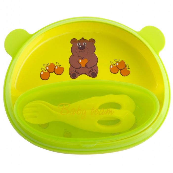 Набір Baby Team (Бебі Тім) для годування (тарілка з кришкою, ложка та виделка)