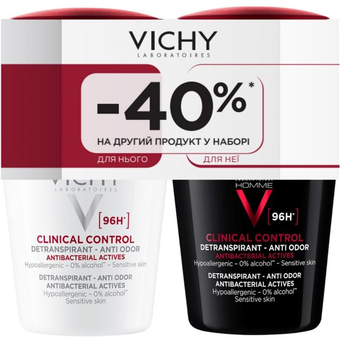 Набір Vichy (Віши) Клінікал Контроль (Кульковий антиперспірант для чоловіків 96 годин захисту + Кульковий антиперспірант для жінок 96 годин захисту)