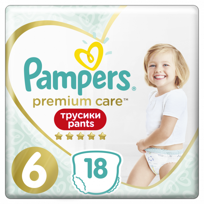 Підгузки-трусики Pampers Premium Care Pants 6 Extra Large (15+ кг) №18 - фото №1 Підгузки-трусики Pampers Premium Care Pants 6 Extra Large (15+ кг) №18