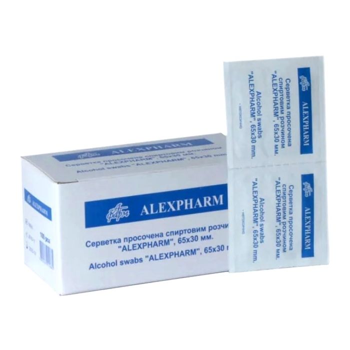Серветки Alexpharm просочені спиртовим розчином 65 x 30 мм №100