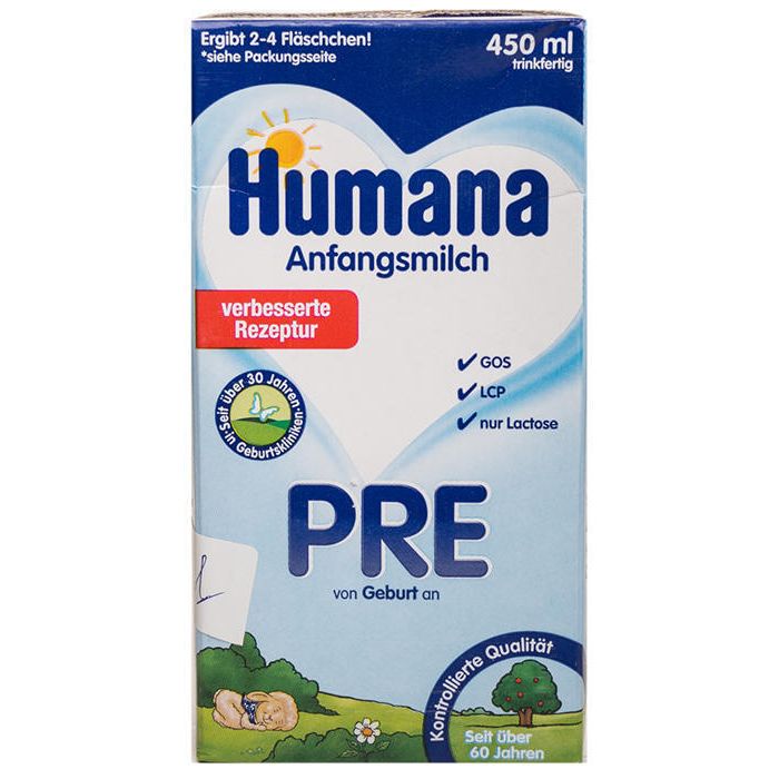 Суміш молочна Humana PRE рідка формула (з 0 місяців) 450 г - фото №1 Суміш молочна Humana PRE рідка формула (з 0 місяців) 450 г