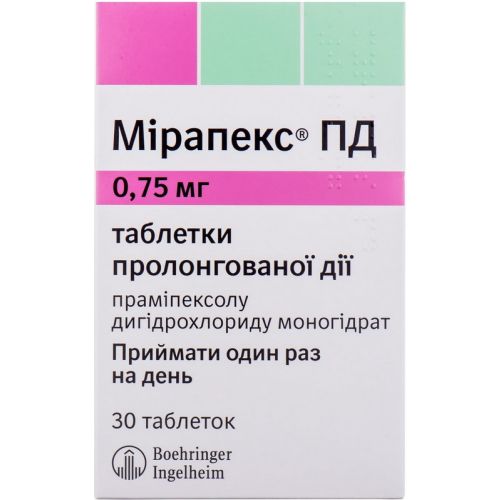 Мірапекс ПД 0,75 мг таблетки №30 - фото №1 Мірапекс ПД 0,75 мг таблетки №30