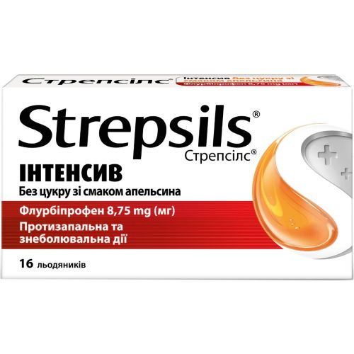 Стрепсілс інтенсив без цукру зі смаком апельсина 8,75 мг льодяники №16 - фото №1 Стрепсілс інтенсив без цукру зі смаком апельсина 8,75 мг льодяники №16