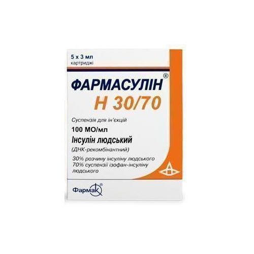 Фармасулін Н 30/70 суспензія для ін'єкцій 100 МЕ/мл картридж 3 мл №5 - фото №1 Фармасулін Н 30/70 суспензія для ін'єкцій 100 МЕ/мл картридж 3 мл №5